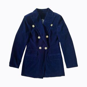 Rich Navy Velvet Blazer Jacket Rhinestone Button Accents Whimsigoth Office Sz S